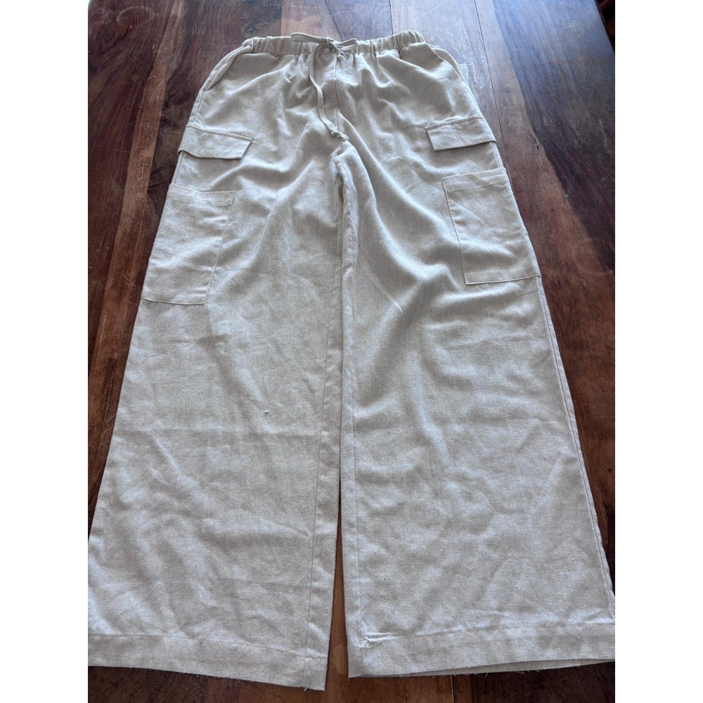 Famulily cargo pants women S beige linen blend wide leg elastic waist utility
